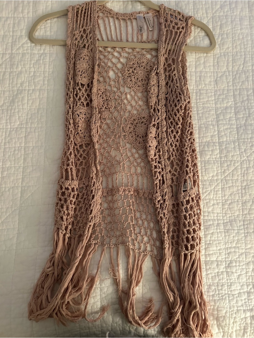 Crochet Fringe Open Vest in Blush